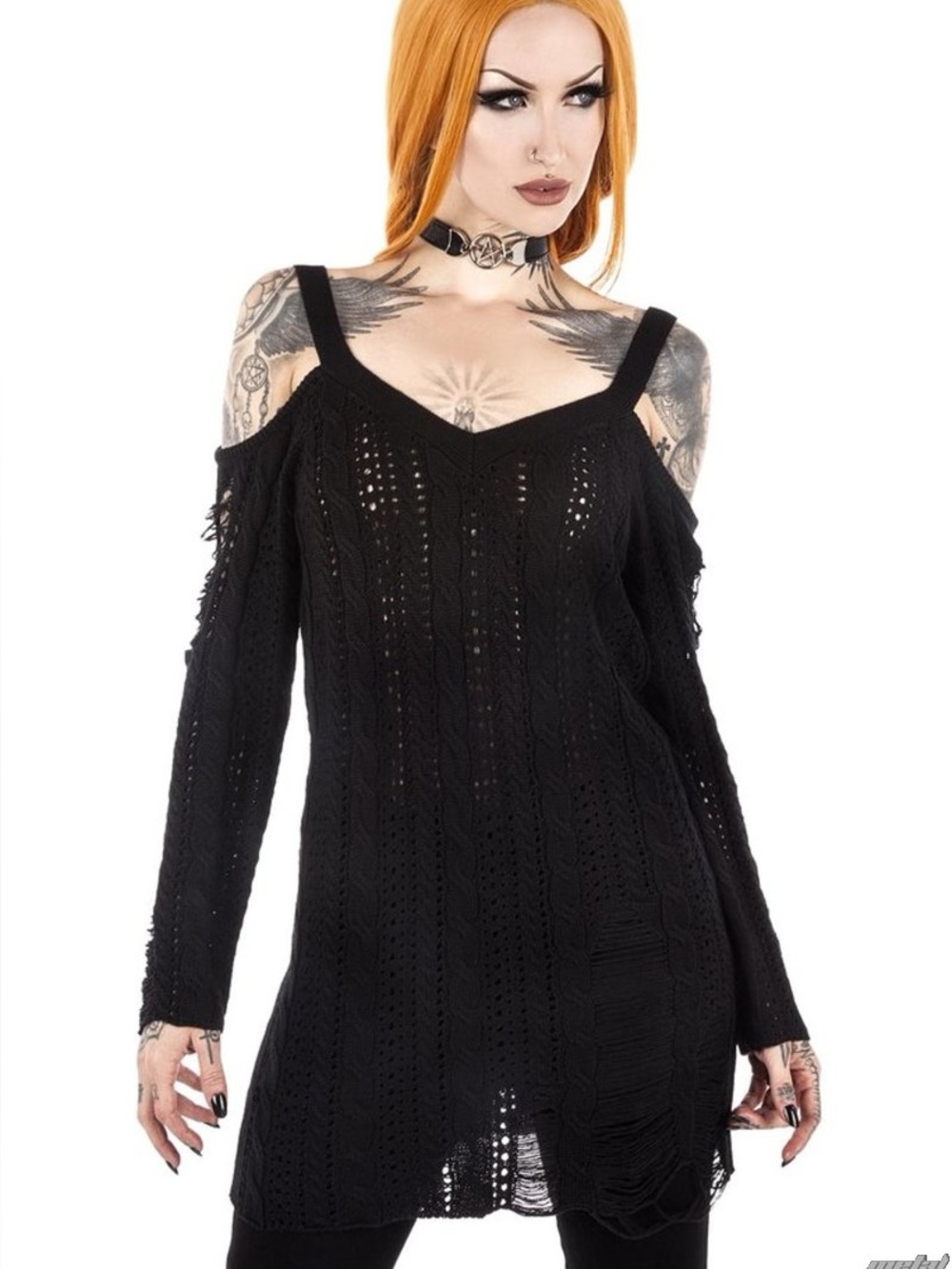 Killstar distressed cold shoulder v neck cable knit sweater